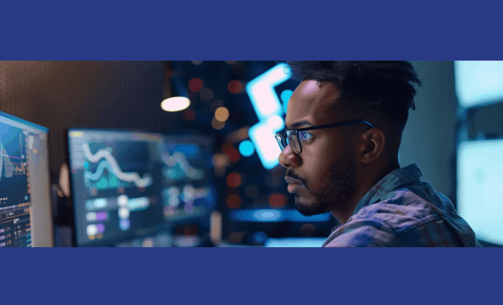 A Comprehensive Comparison of Qvidian and Responsive A professional analyzing data visualizations on multiple monitors, comparing Qvidian vs Responsive for proposal automation.